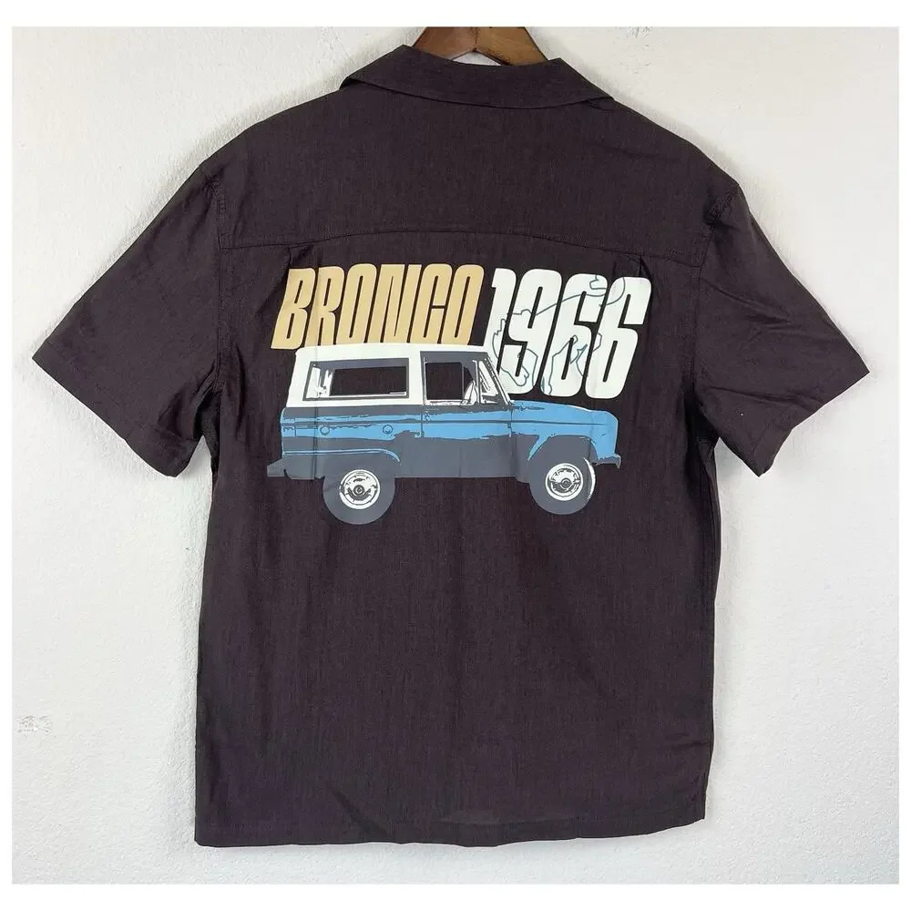 Men’s Ford Bronco 1966 Graphic Button Shirt S Back Print Retro Short Sleeve